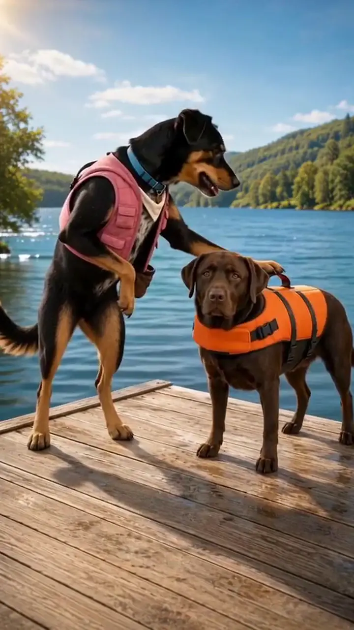 Cannon the dog wearing a life jacket beside another dog on a lakeside dock