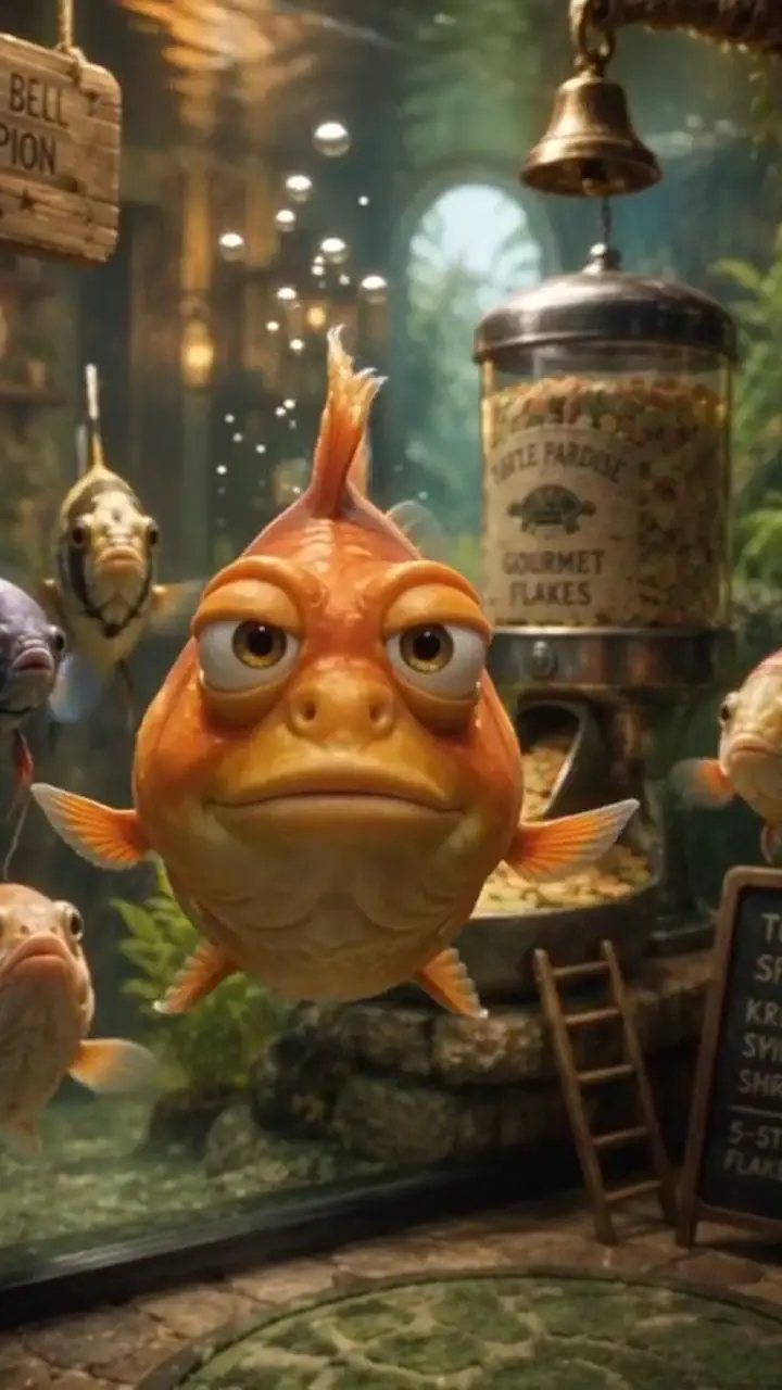 FIN the fish character in a whimsical aquarium shop beside an automatic fish feeder