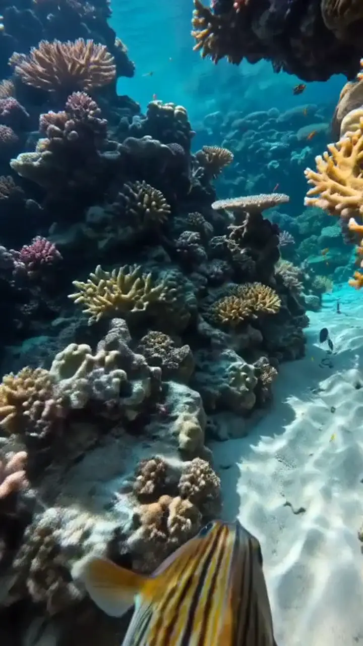 First-person underwater point of view gliding past a colorful coral reef