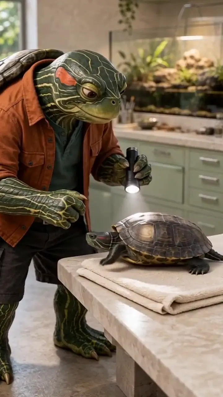 Shelby the turtle character examining a real aquatic turtle with a flashlight on an exam table