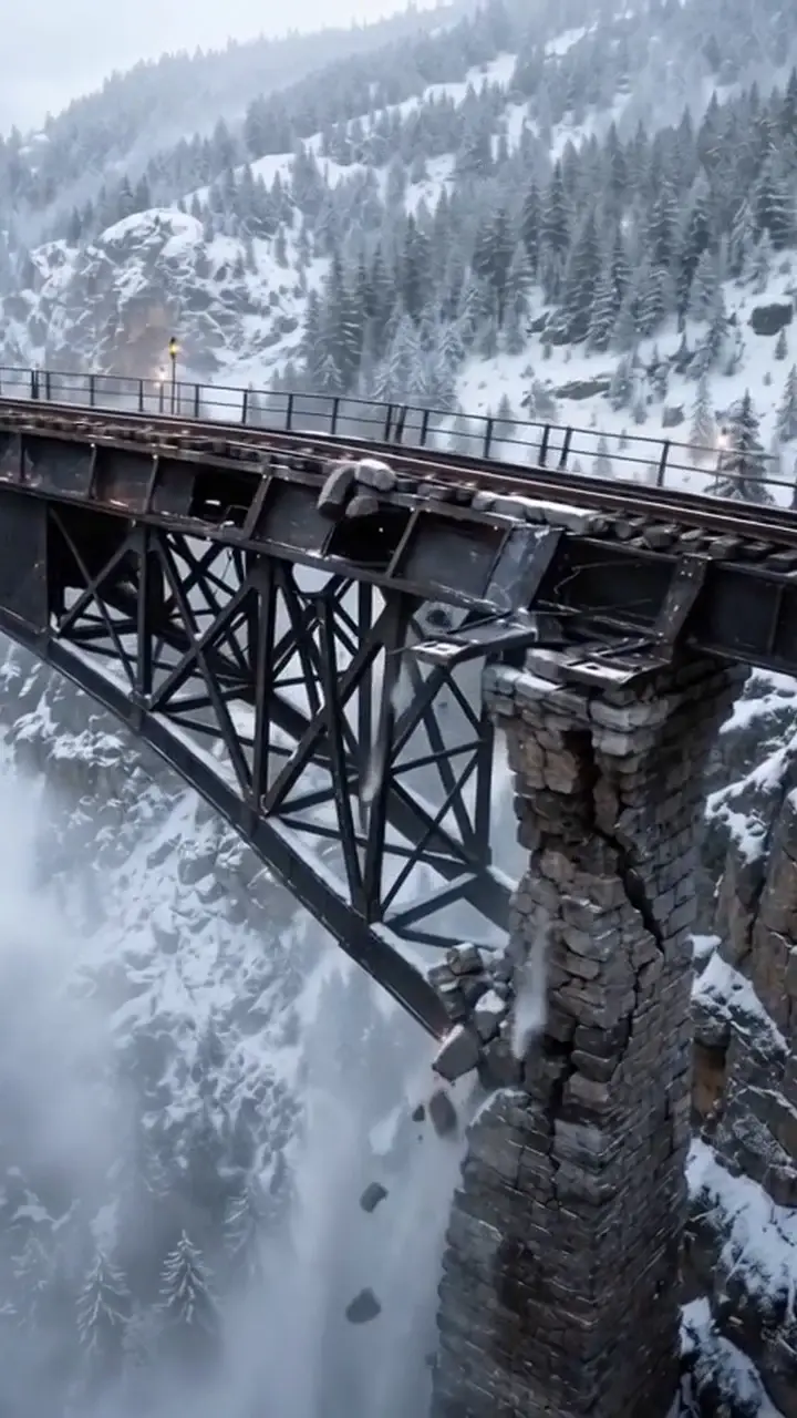 A snow-covered railway trestle bridge cracking apart over a misty mountain valley