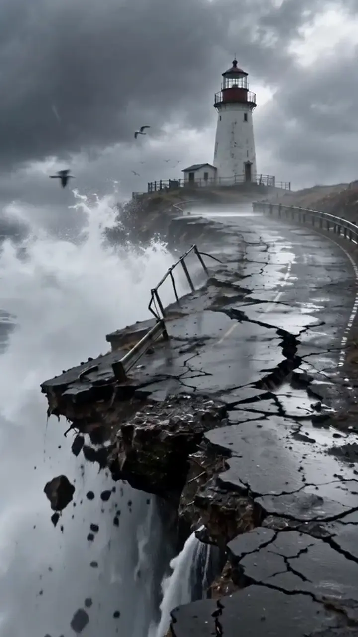 A storm-battered coastal road cracking apart beside a lighthouse as waves crash over it