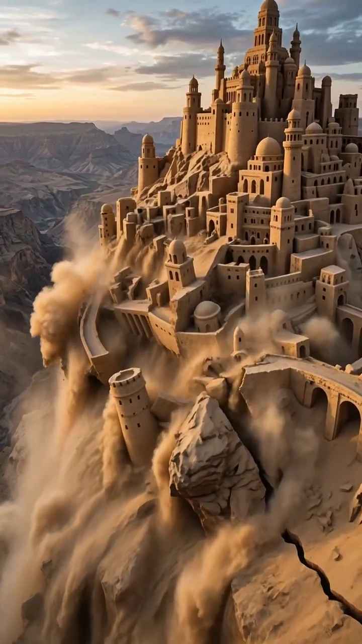 An elaborate sandcastle city crumbling and washing away along a canyon ridge at sunset