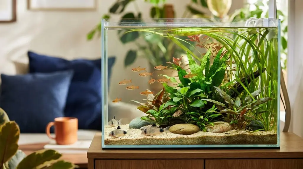 Well-stocked community aquarium with schooling tetras and corydoras over sand