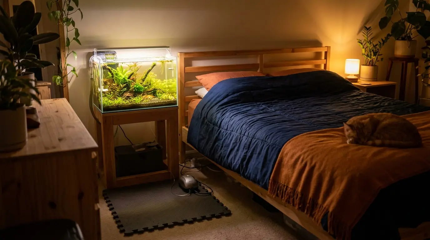 Softly glowing aquarium in a quiet bedroom at night with air pump on a foam pad