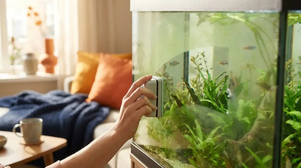 Magnetic glass cleaner clearing a streak through algae on aquarium glass