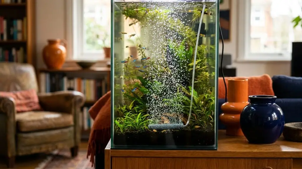 Curtain of fine bubbles rising through a planted aquarium with small fish