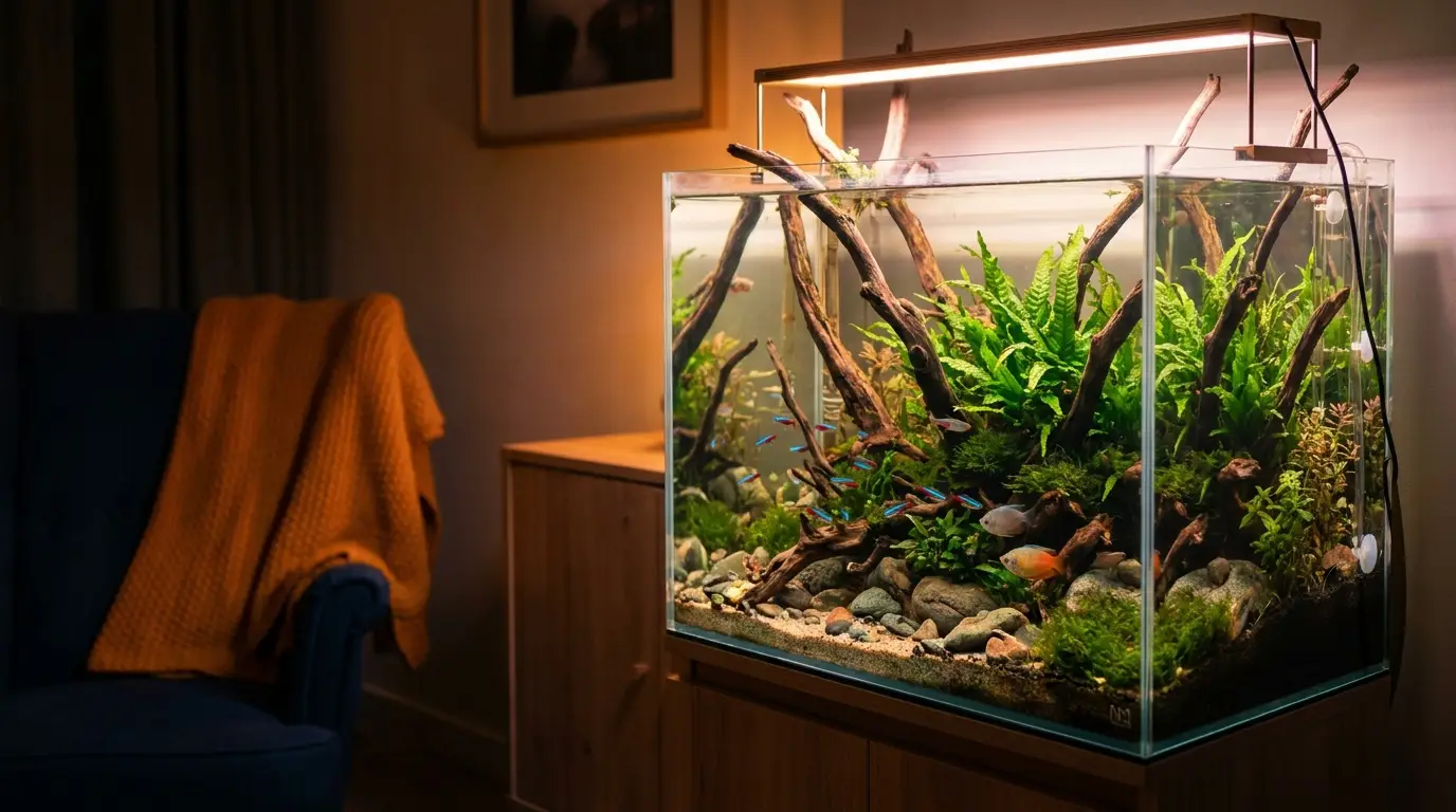 Aquascaped freshwater aquarium with driftwood, plants, and colorful fish glowing in a dim room