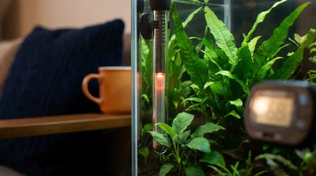 Submersible heater glowing among plants in a tropical aquarium