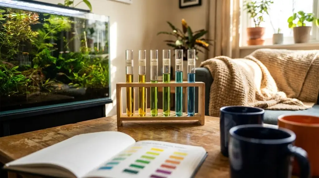 Rack of aquarium test tubes with colored samples beside a planted tank