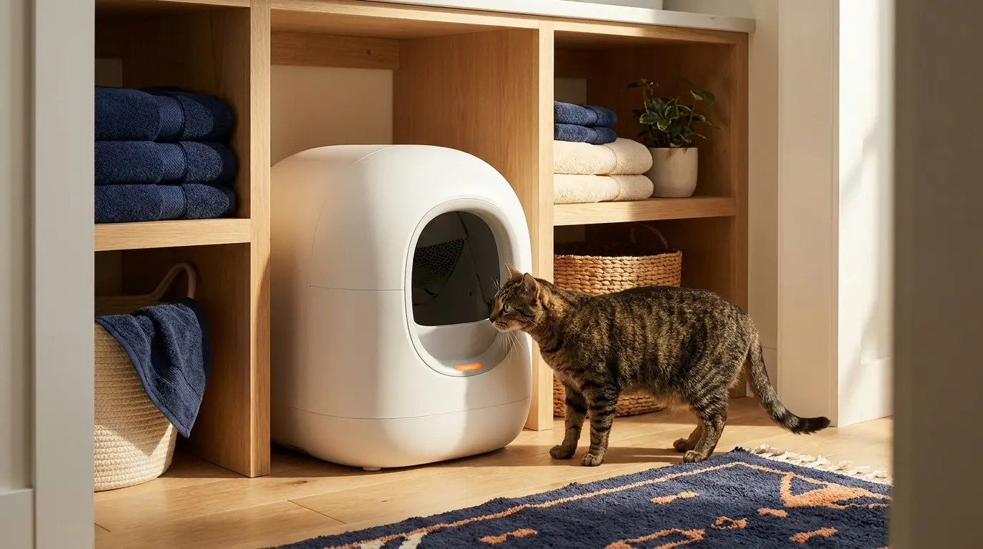 Tabby cat inspecting a modern automatic litter box in a tidy laundry nook