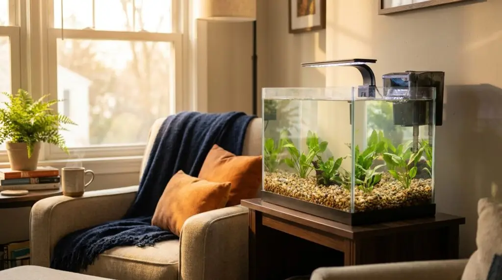 Complete beginner aquarium starter setup on a stand in a bright living room