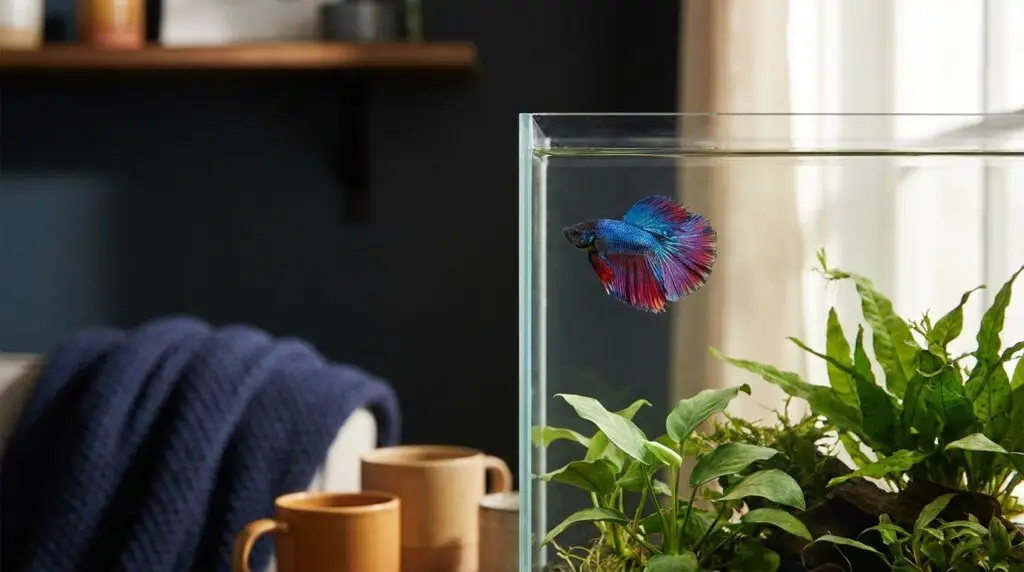 Vibrant blue and red betta fish flaring fins in a planted rimless tank
