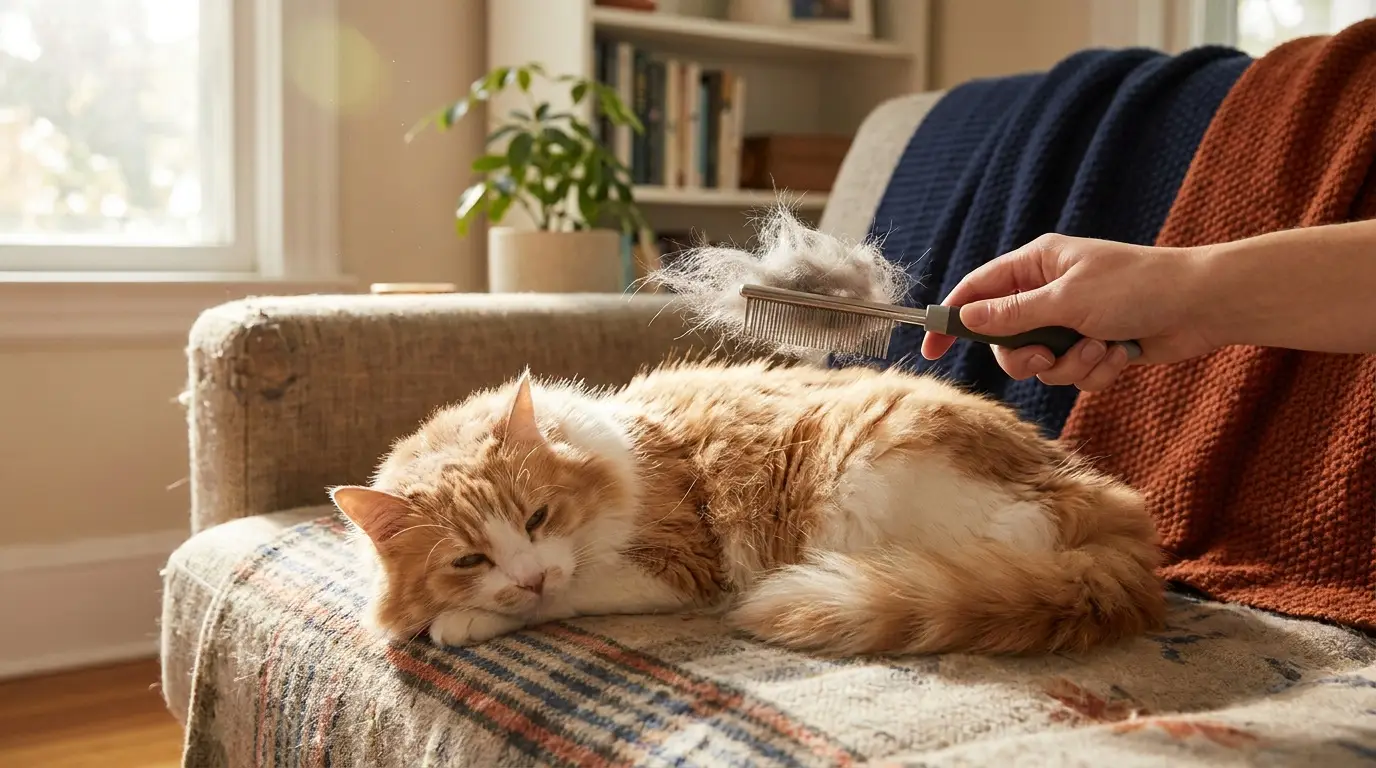 Long-haired cat being groomed with a deshedding brush, loose fur cloud beside