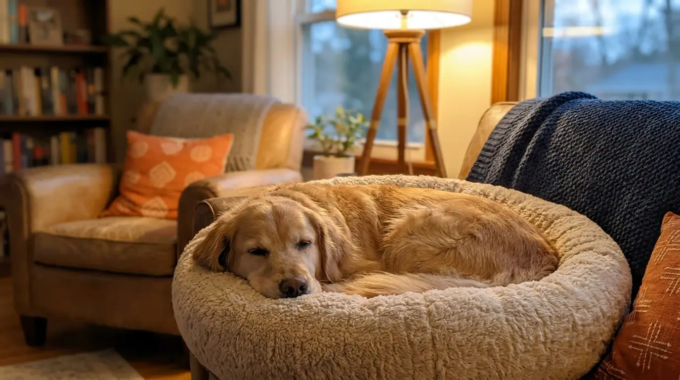 Golden retriever relaxing in a plush donut-style calming bed in a softly lit living room
