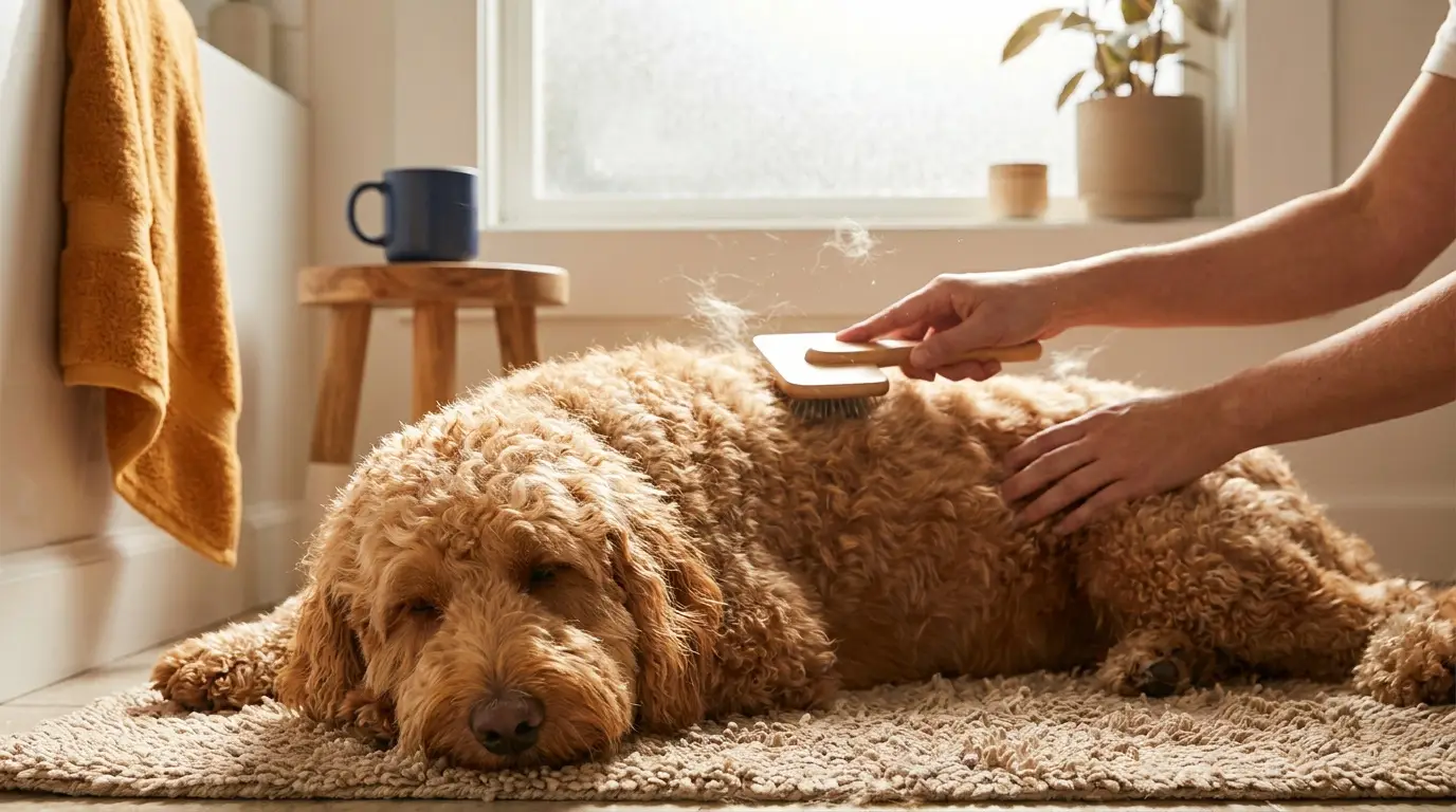 Labradoodle being brushed with a slicker brush during at-home grooming