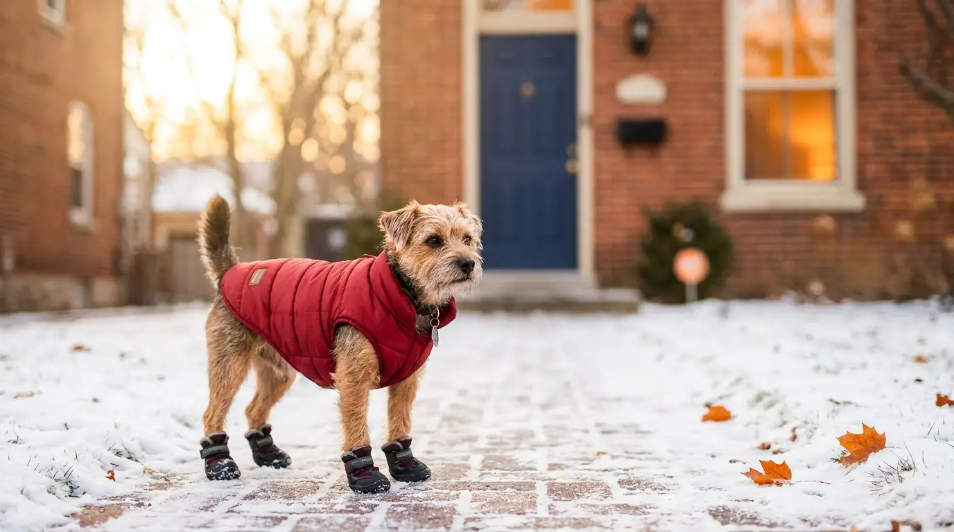 Small dog wearing a red winter puffer coat and boots on a snowy sidewalk