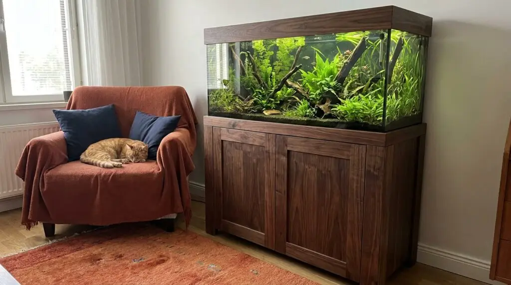 Planted aquarium on a sturdy wooden stand in a styled living room