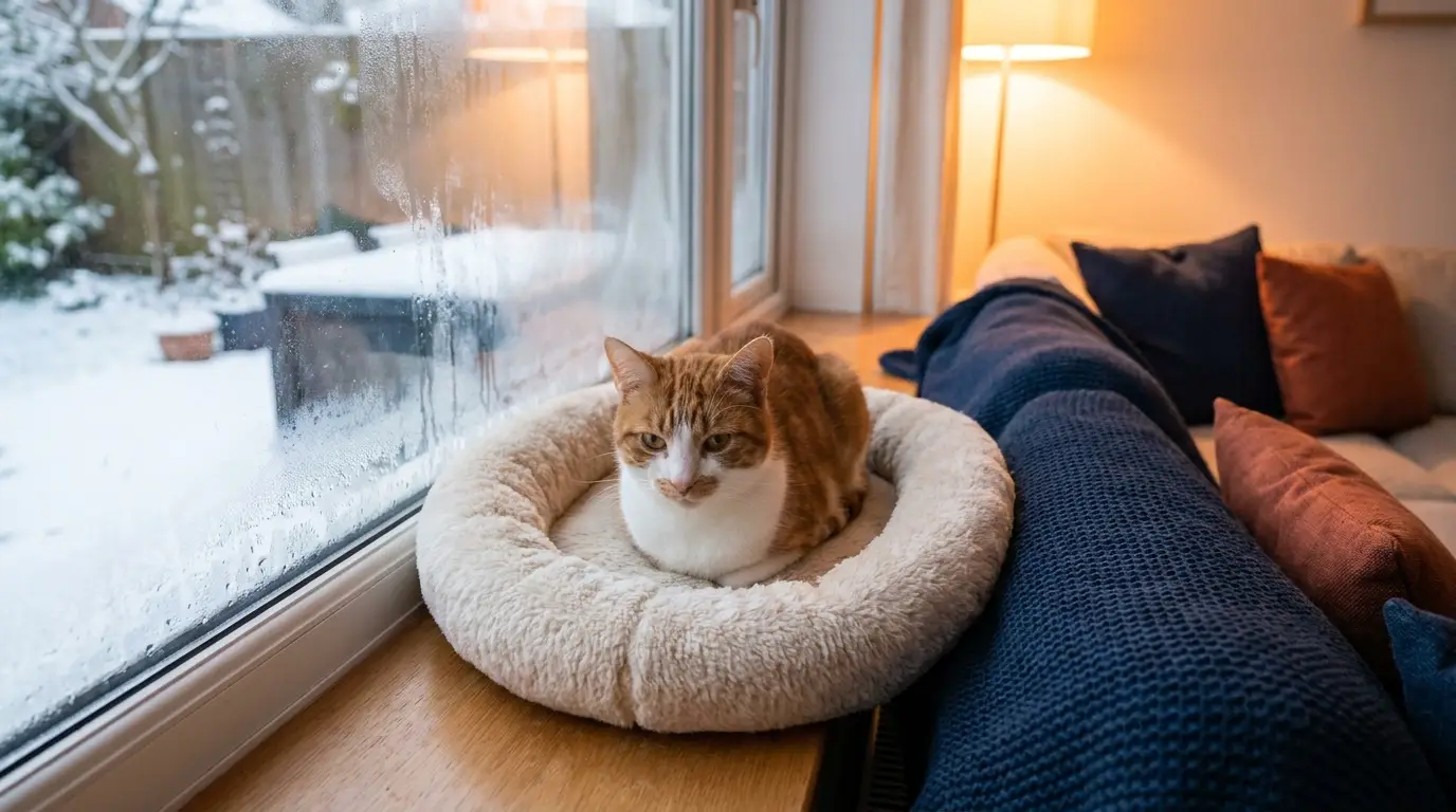 Cat curled in a plush round bed next to a frosty window in winter