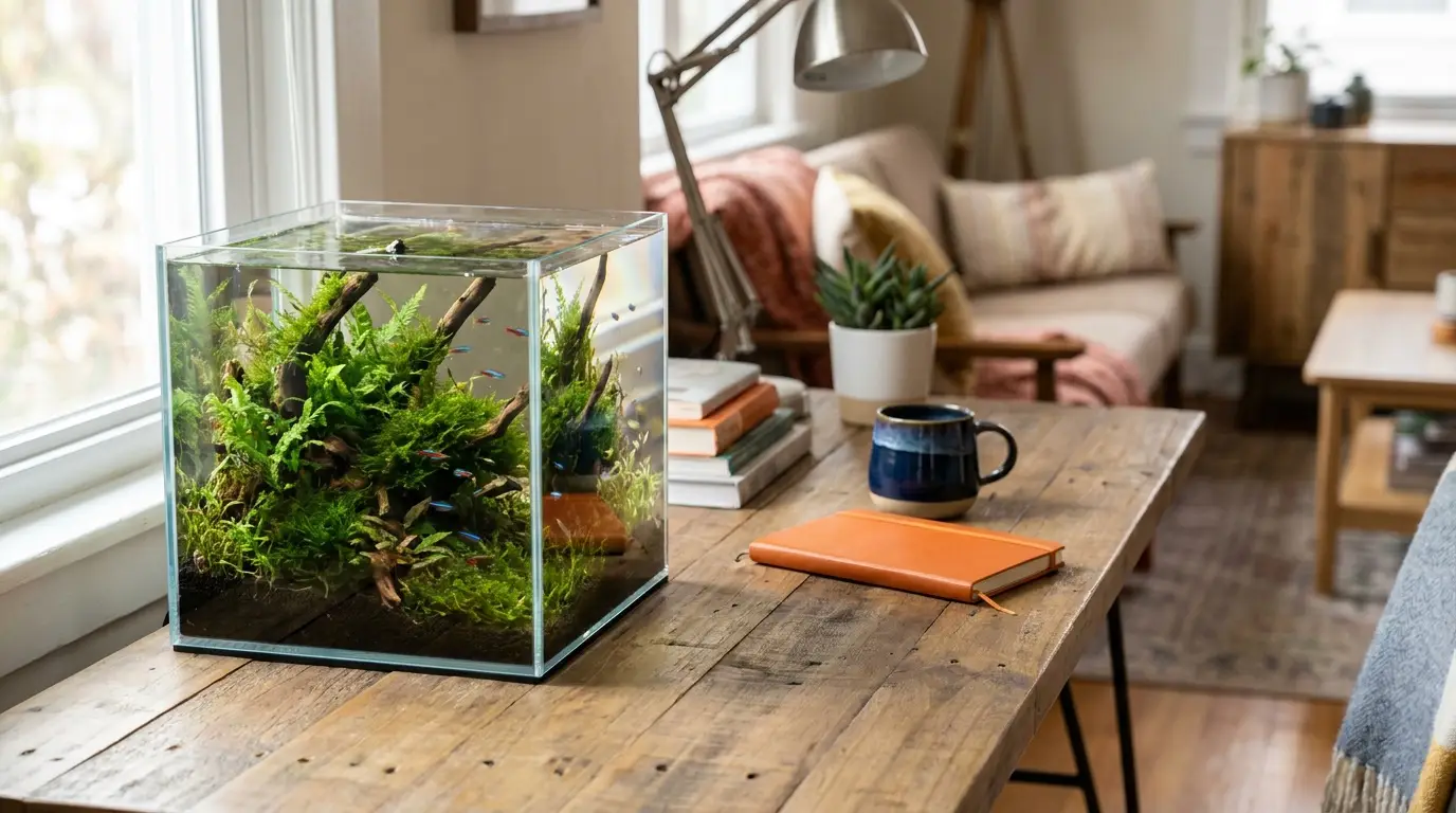 Rimless nano cube aquarium with planted aquascape on a wooden desk in morning light