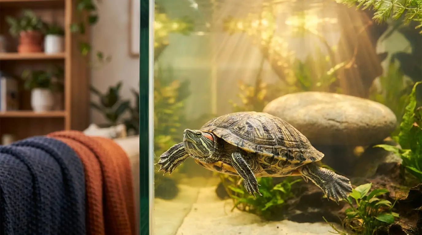 Aquatic turtle swimming beside plants in an aquarium