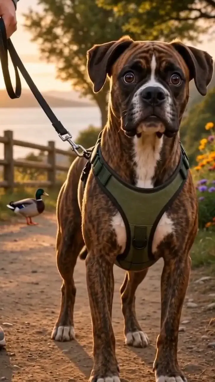 Cannon the dog pulling hard on his leash and harness along a lakeside path