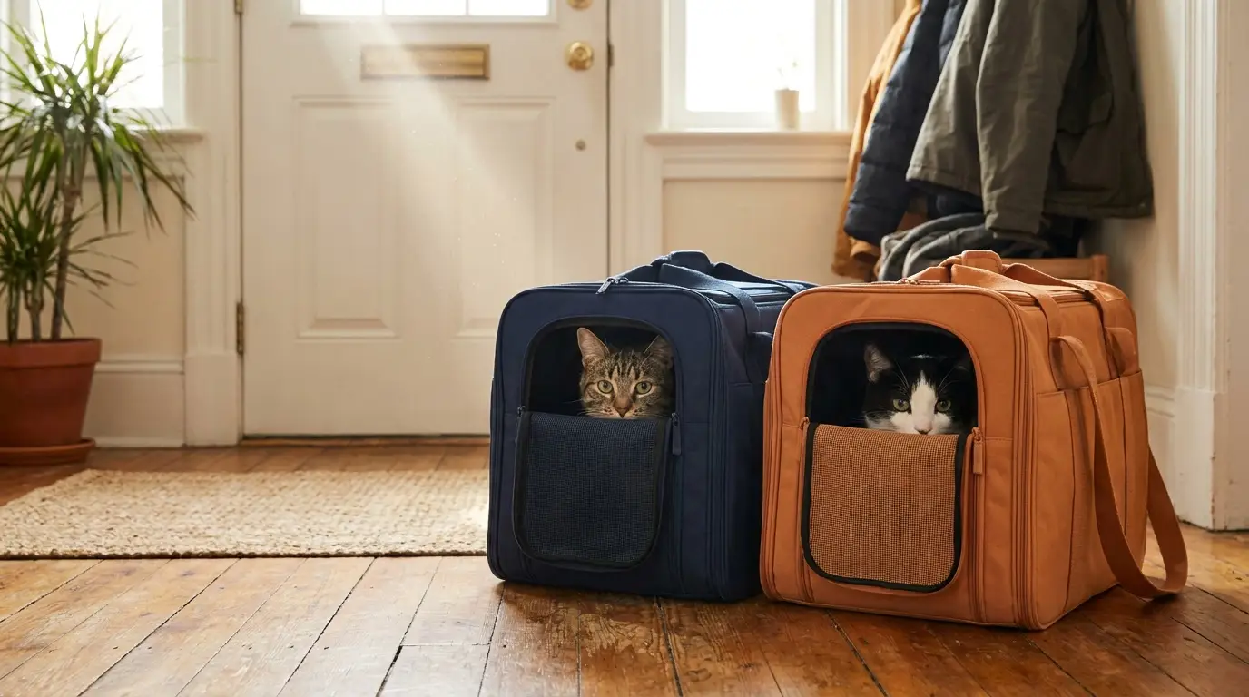 Two cats inside soft pet carriers by the front door