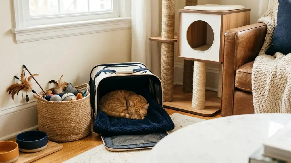 Living room corner with cat tree, bowls, toys, carrier and a lounging tabby