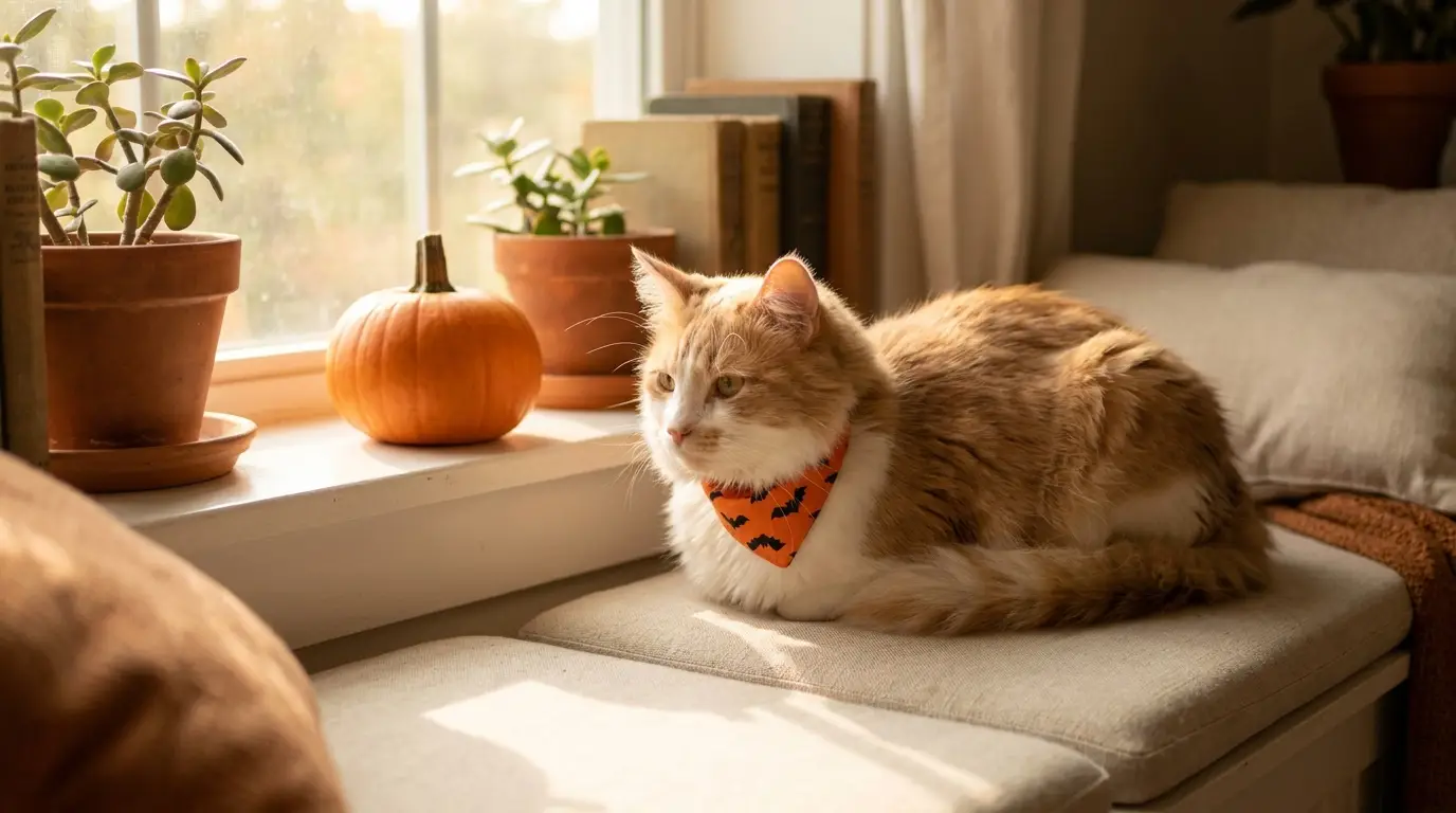 Relaxed cat on a window perch wearing a small orange Halloween bandana collar beside an uncarved pumpkin