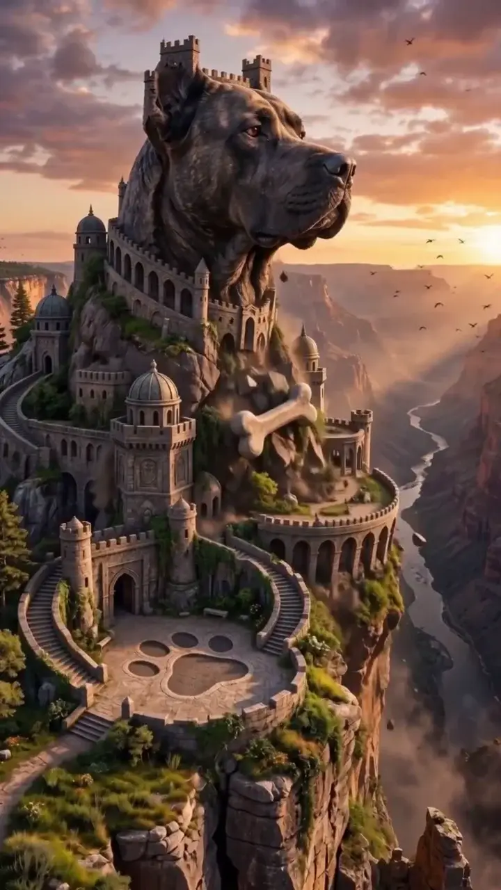 A giant dog-shaped fortress carved into a canyon cliffside at sunset