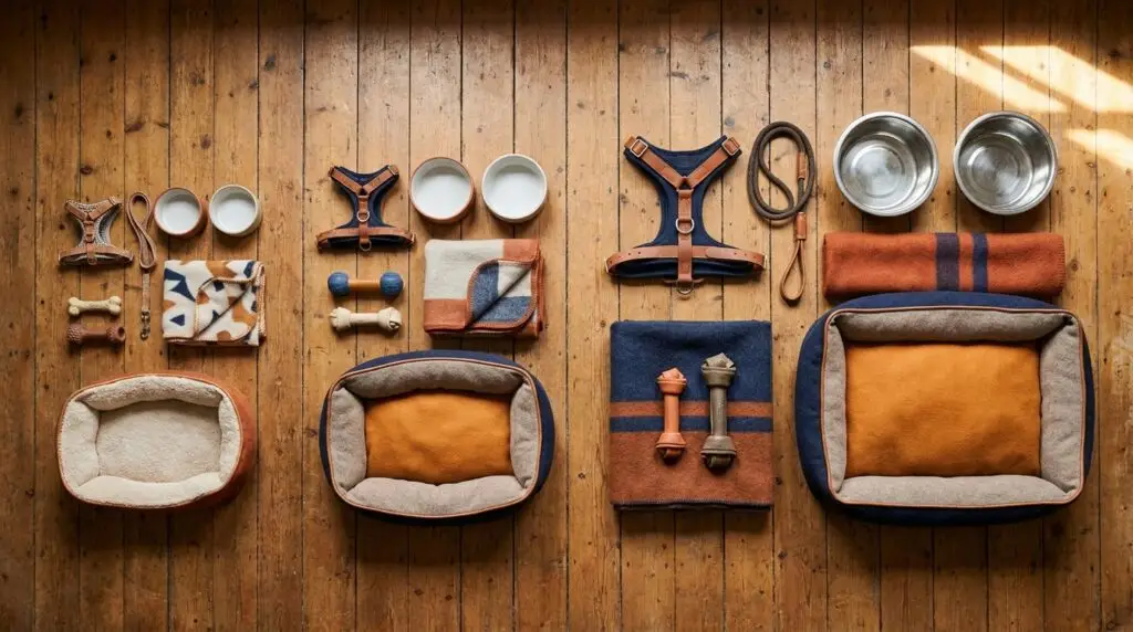 Flat-lay of essential dog gear arranged from puppy size to large dog size