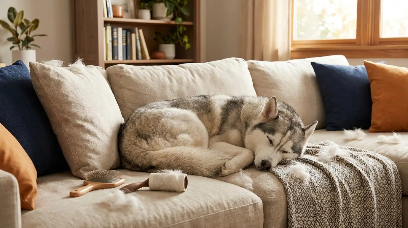 Husky on a sofa with shed fur tufts, grooming brush and lint roller nearby
