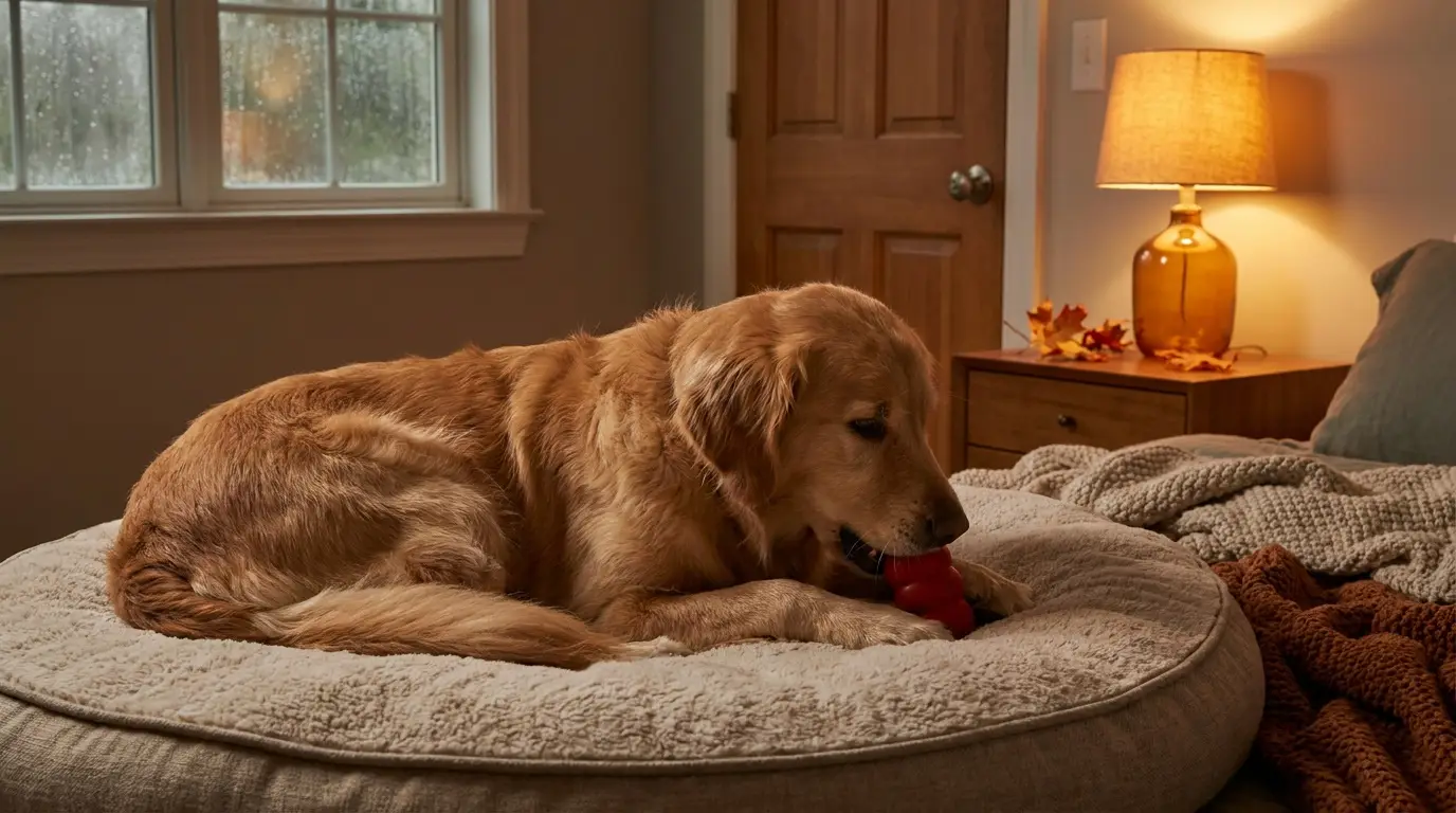 Calm dog settled on a bed with a rubber chew toy in a dim quiet bedroom away from the front door