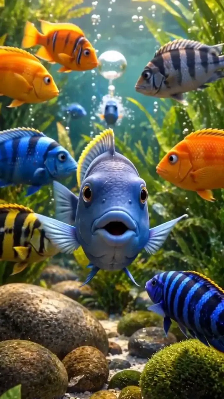 A tank full of fish gathered together looking alarmed
