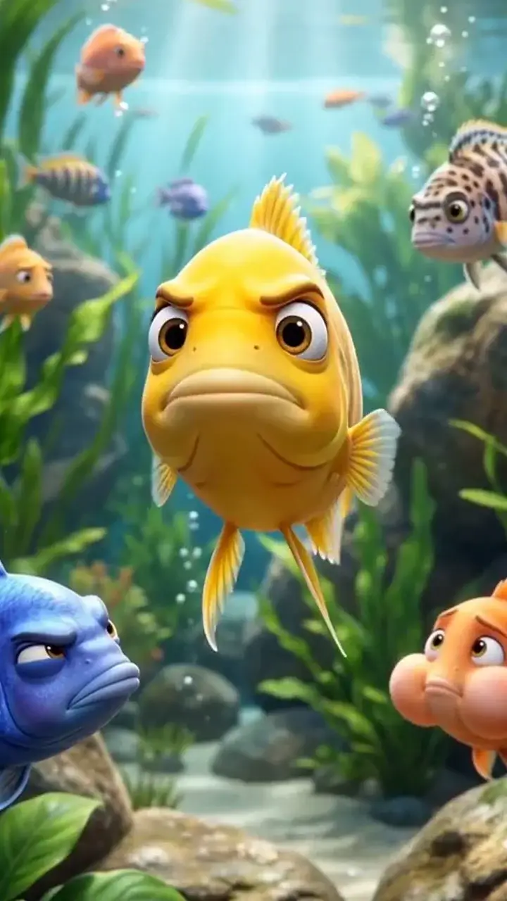 A grumpy yellow fish giving an accusatory look surrounded by other fish