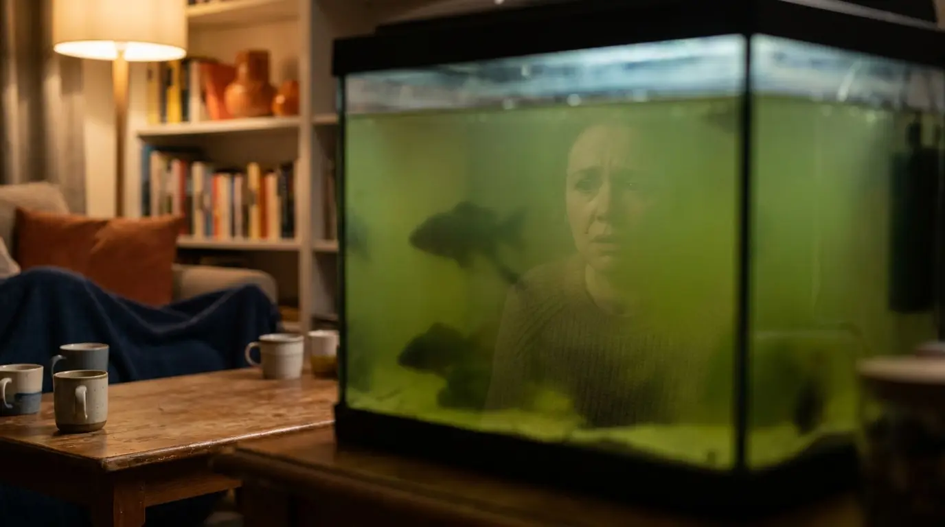 Aquarium with murky green water and faint fish silhouettes
