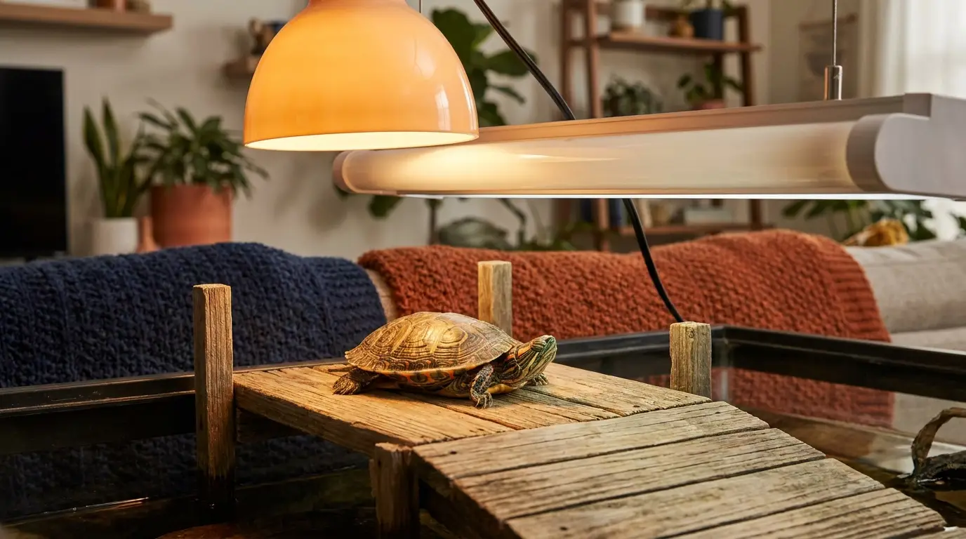 Turtle on a wooden platform beneath a dome lamp and a horizontal light fixture