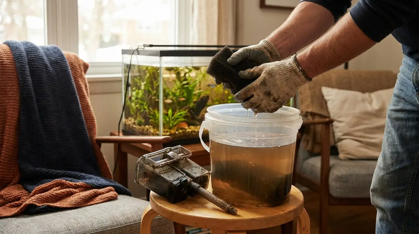 Hands rinsing an aquarium filter sponge in a bucket of tank water during maintenance