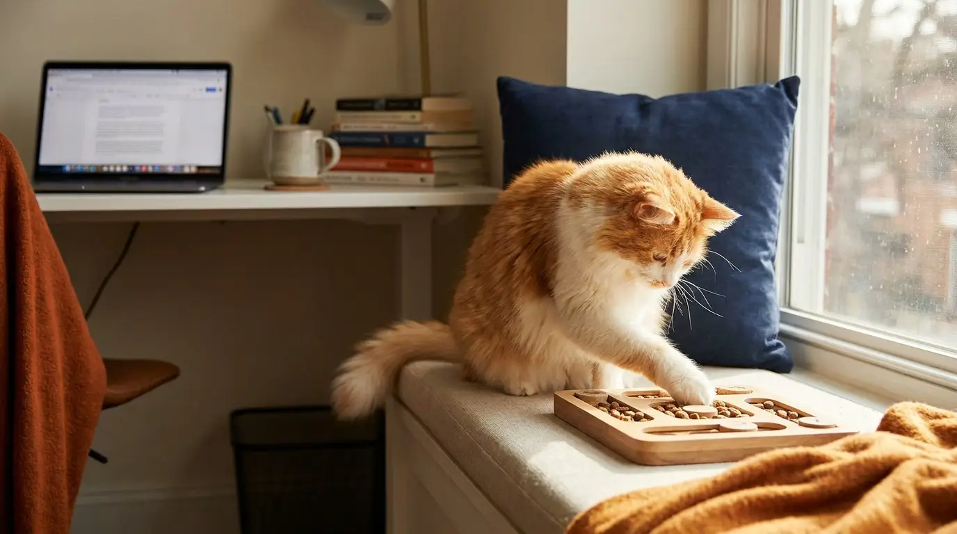 Cat playing with a puzzle toy on a windowsill while a home office sits behind