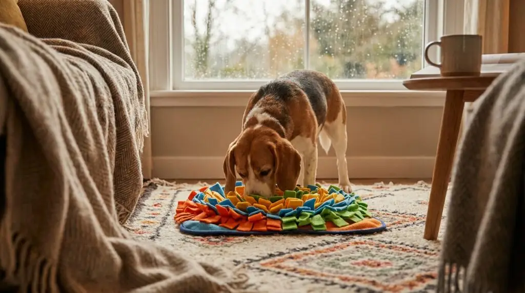 Beagle using a snuffle mat indoors while rain streaks the window