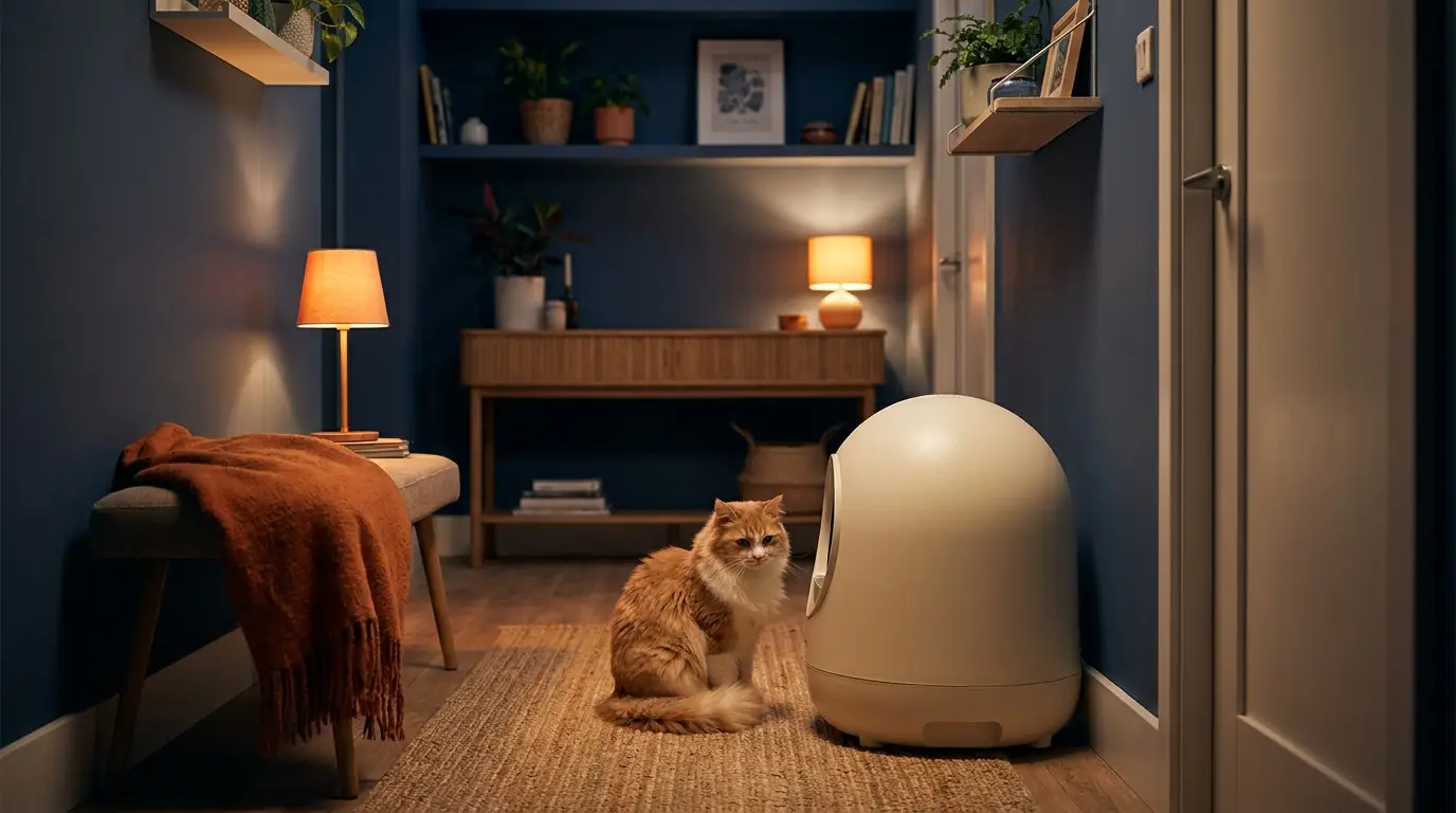 Cat sitting beside a modern automatic litter box unit in a tidy hallway nook
