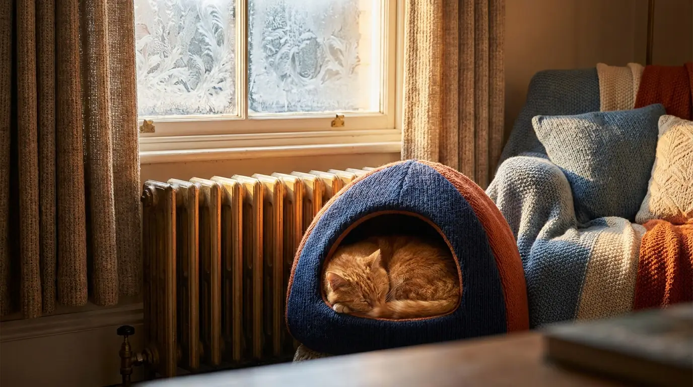 Ginger cat curled in a covered bed beside a radiator and frosty window