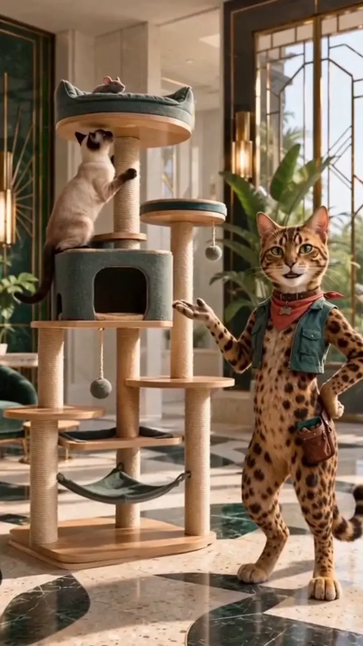 Lila the cat standing beside a tall cat tree with another cat climbing it