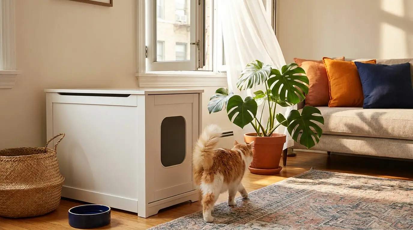 Ginger cat beside a white cabinet and houseplants in a bright room