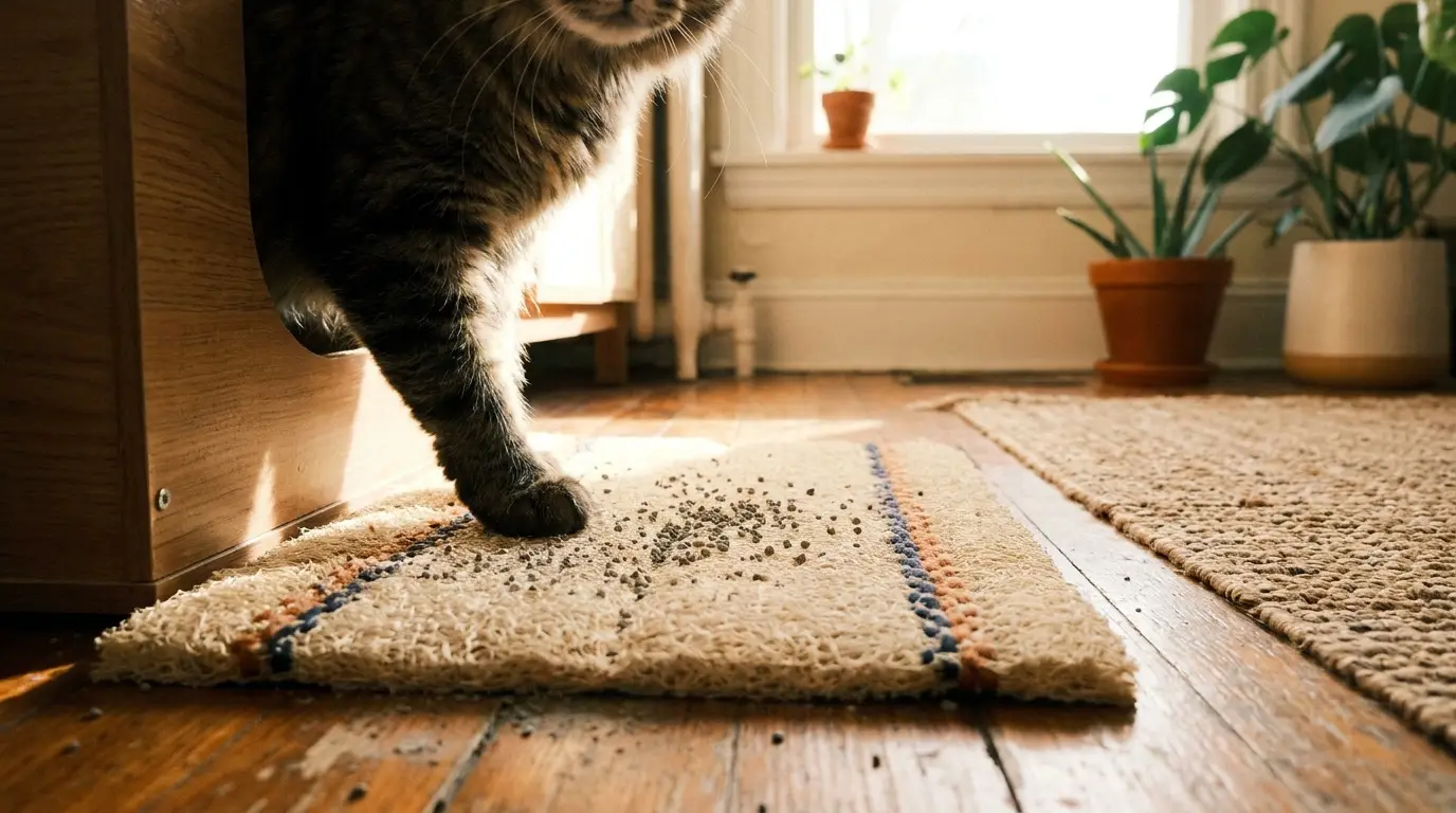 Cat paws on a textured mat with scattered granules beside a cabinet