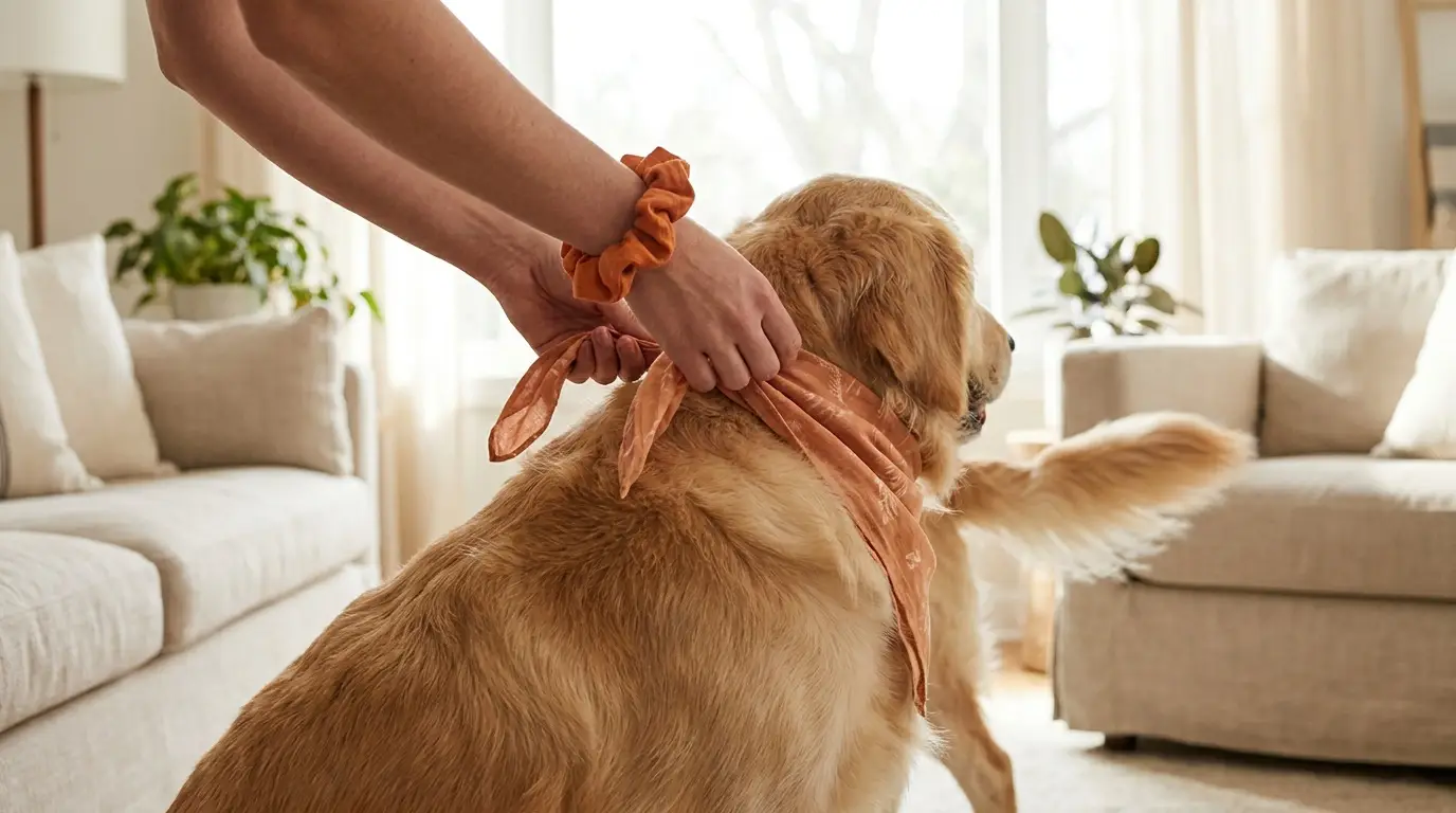 Hands tying an orange bandana on a happy dog while wearing a matching orange scrunchie on the wrist