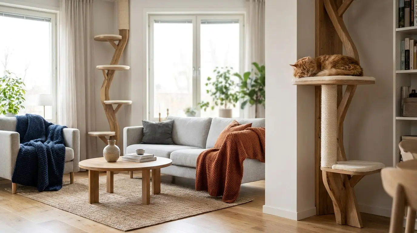 Cat perched on a modern wooden cat tree that blends into a stylish living room