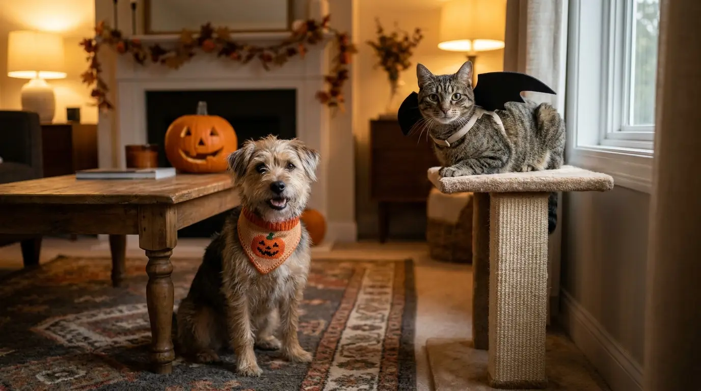 Dog wearing an orange pumpkin bandana next to a cat wearing small bat wings in a cozy living room decorated for Halloween
