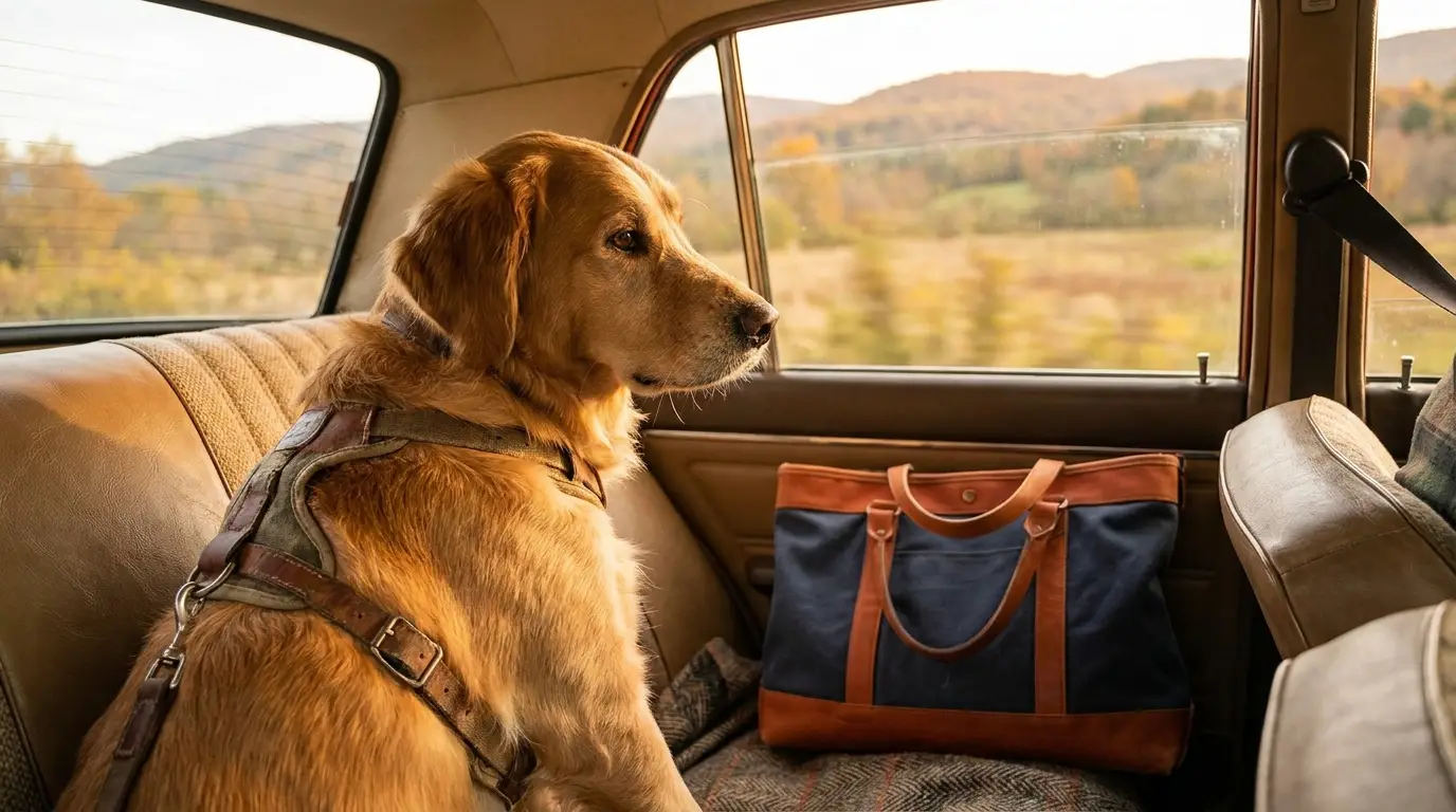 Dog secured with a car harness on a back seat looking out the window during a road trip