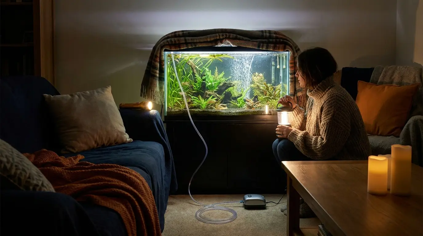 Person holding a lantern beside a planted aquarium in a dark room